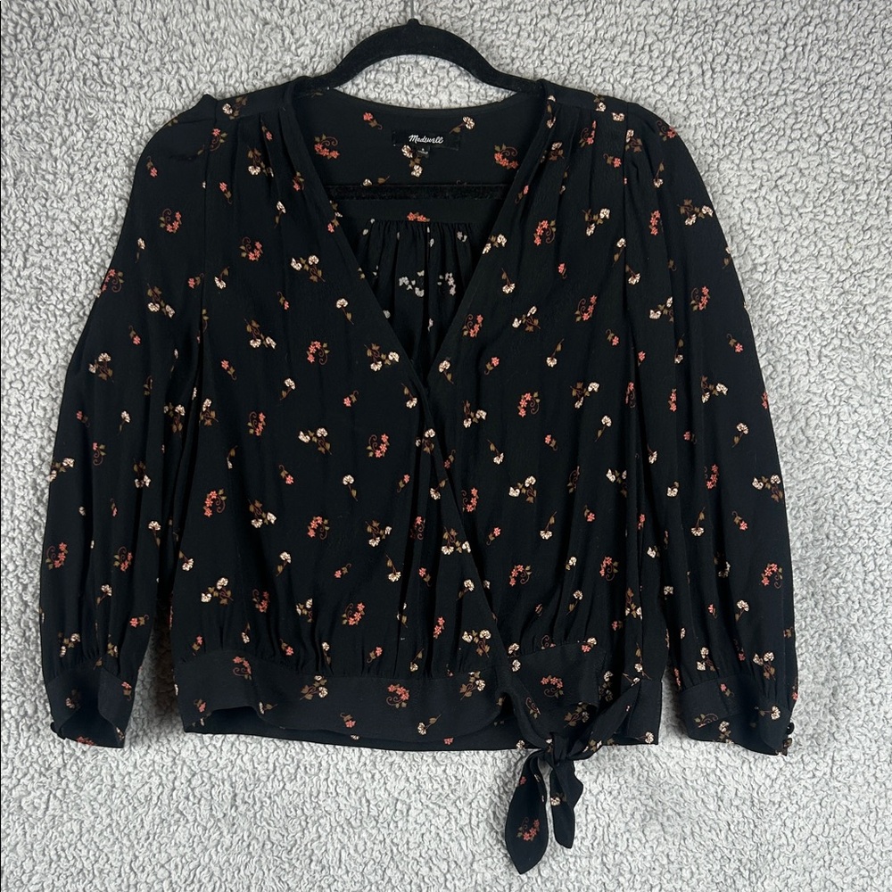 Madewell Wrap Long Sleeve Tie Waist Relaxed Black/ Floral V-Neck Top Size S